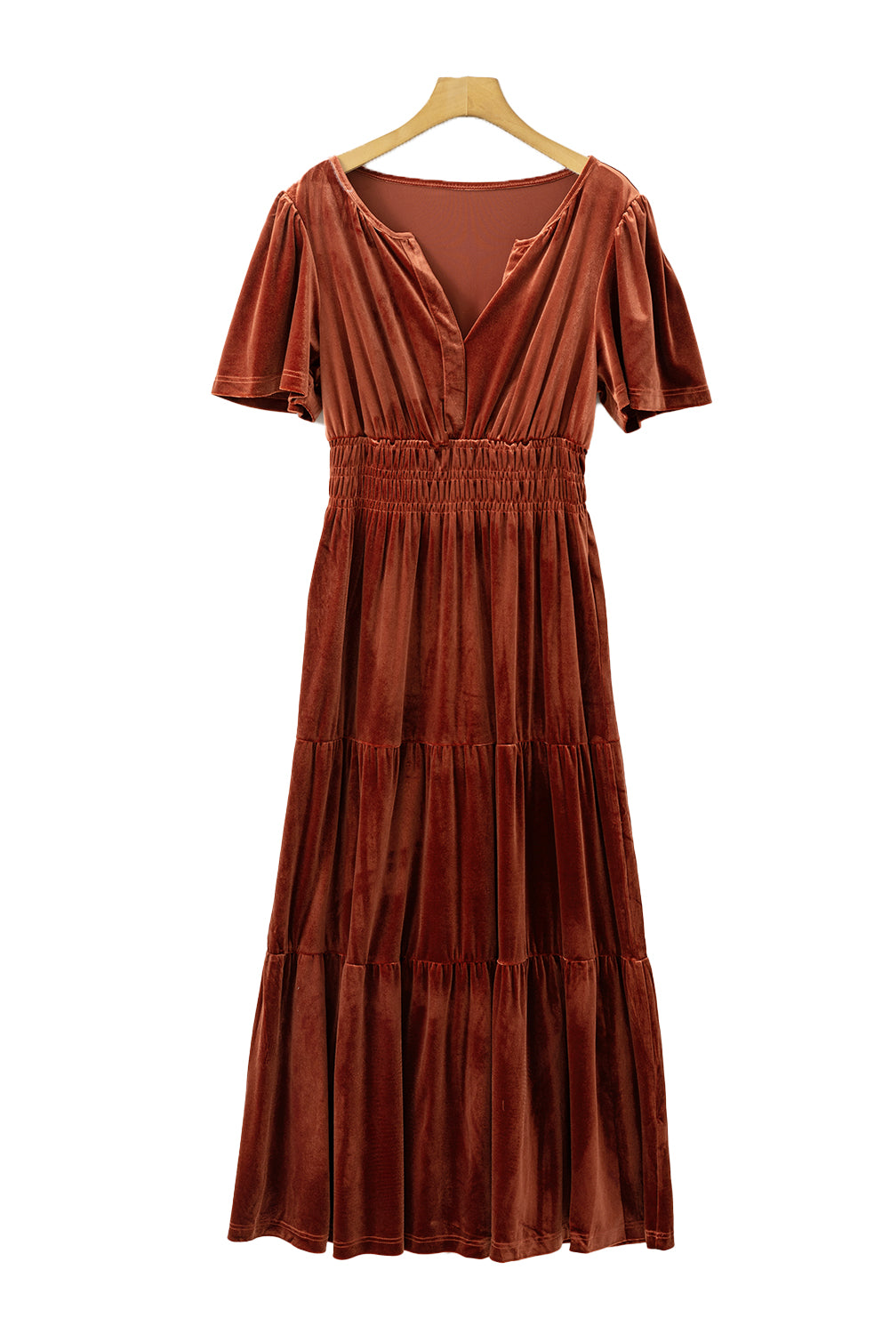 Red Dahlia Velvet Short Sleeve Shirred Waist Tiered Maxi Dress