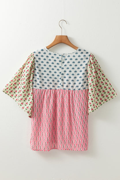Red Colorblock Floral Flounce Sleeve Blouse