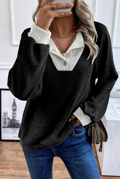 Jet Stream Contrast Ribbed Loose Fit Henley Top