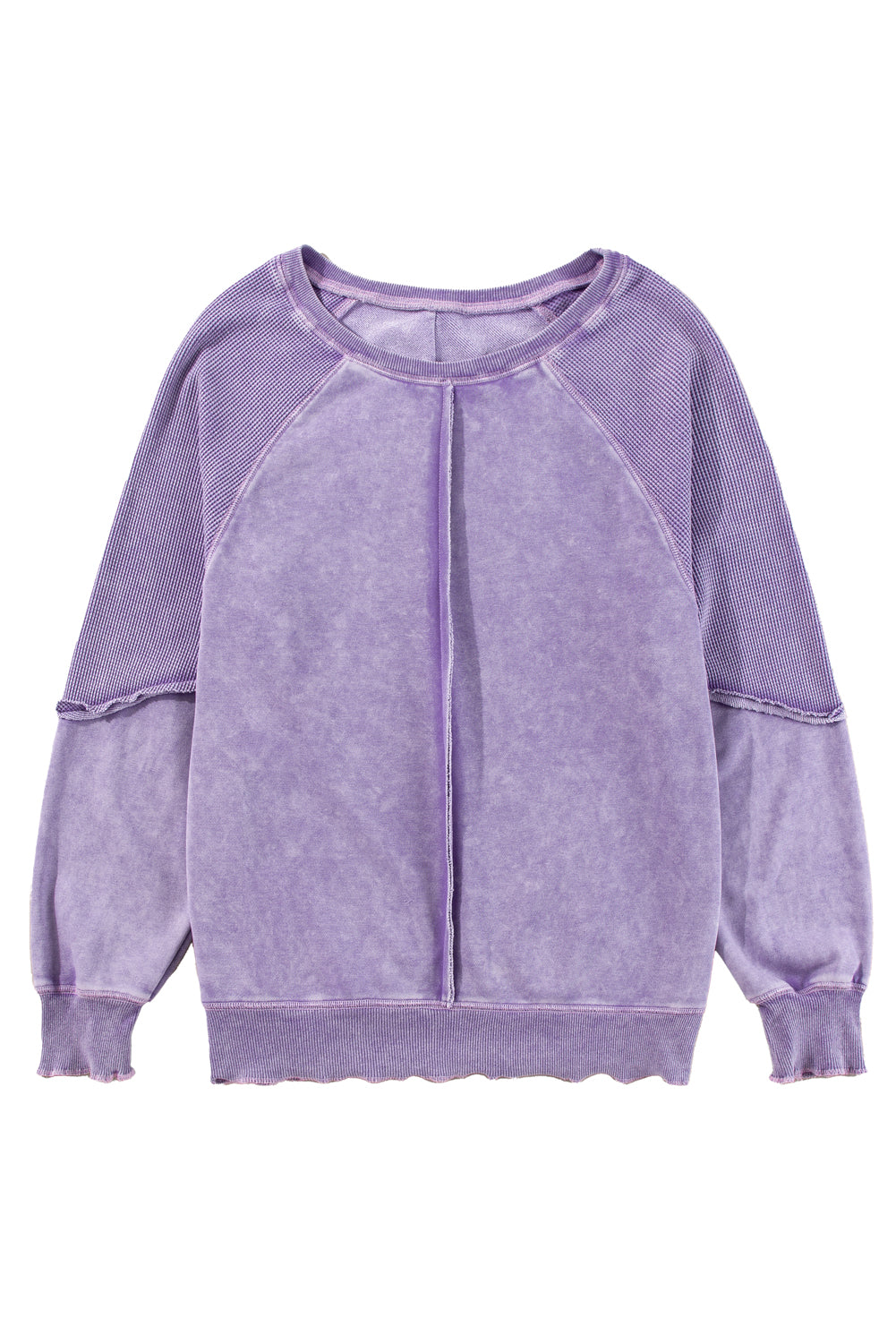 Pink Waffle Patchwork Raglan Sleeve Exposed Seam Sweatshirt