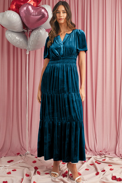 Red Dahlia Velvet Short Sleeve Shirred Waist Tiered Maxi Dress