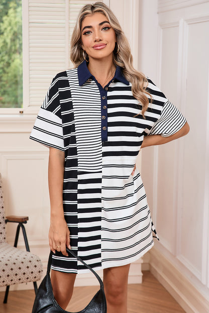 Black Striped Patchwork Collared Mini Dress