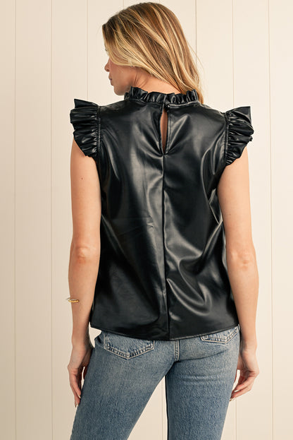 Black Solid Color Leather Frill Neck Ruffle Blouse