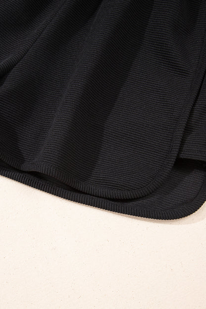 Black Half Zip Kangaroo Pocket Top Drawstring Shorts Set