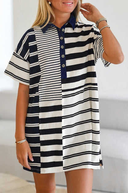 Black Striped Patchwork Collared Mini Dress
