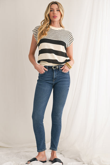 Black White Striped Sleeveless Knit Top