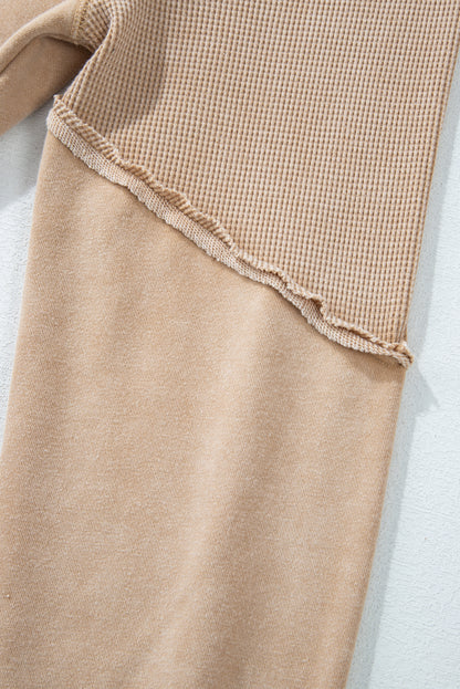 Pink Waffle Patchwork Raglan Sleeve Exposed Seam Sweatshirt