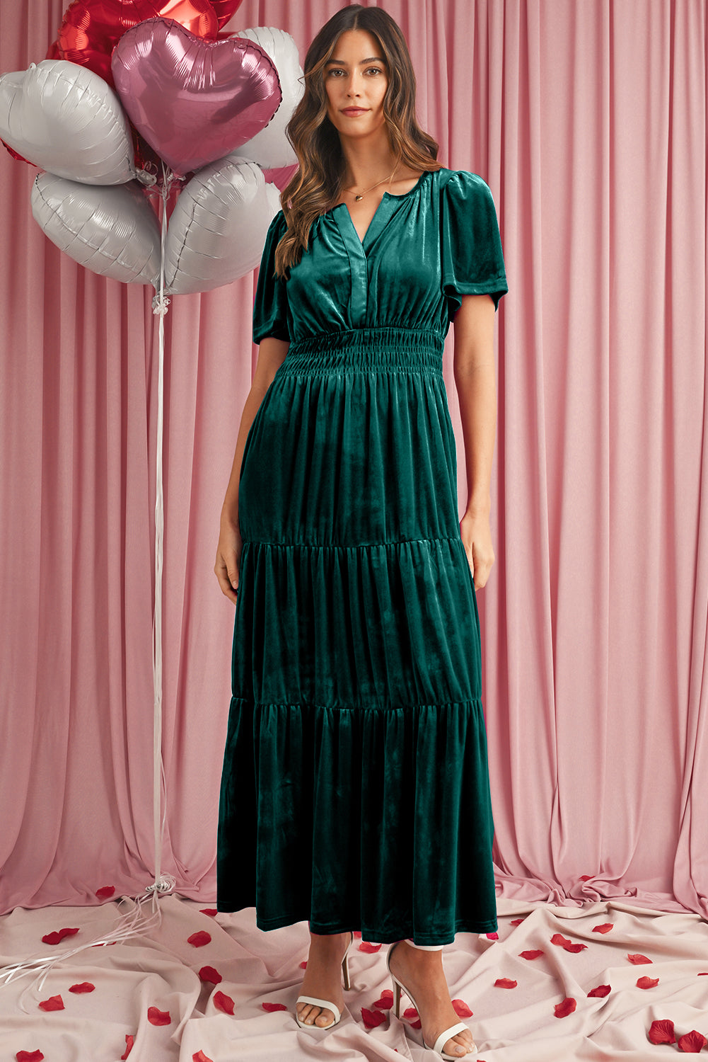 Red Dahlia Velvet Short Sleeve Shirred Waist Tiered Maxi Dress