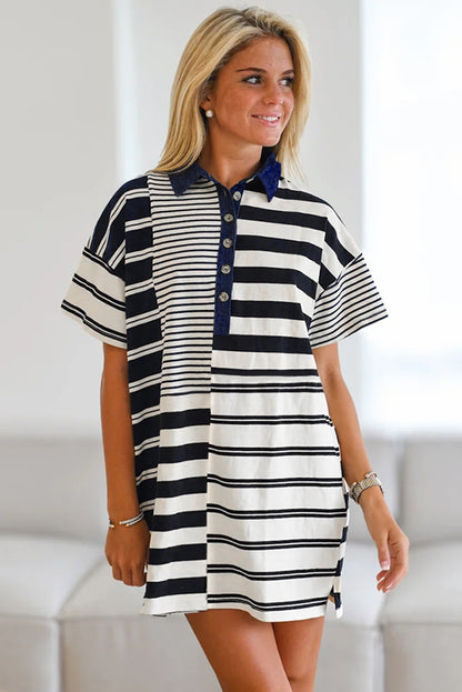 Black Striped Patchwork Collared Mini Dress