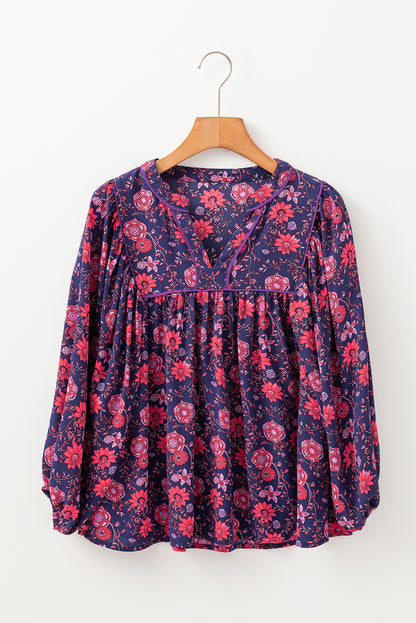 Purple Floral Puff Half Sleeve Split Neck Blouse