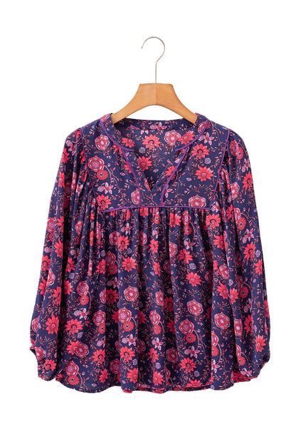 Purple Floral Puff Half Sleeve Split Neck Blouse