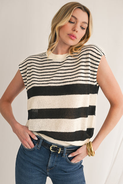 Black White Striped Sleeveless Knit Top