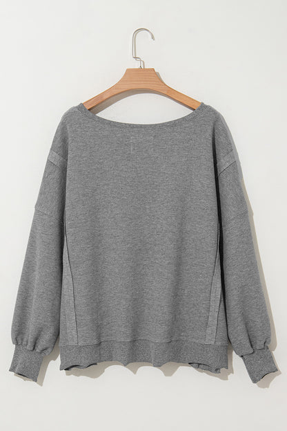 White Waffle Bishop Sleeve Split Oversized Sweatshirt