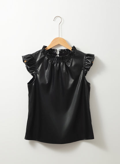 Black Solid Color Leather Frill Neck Ruffle Blouse