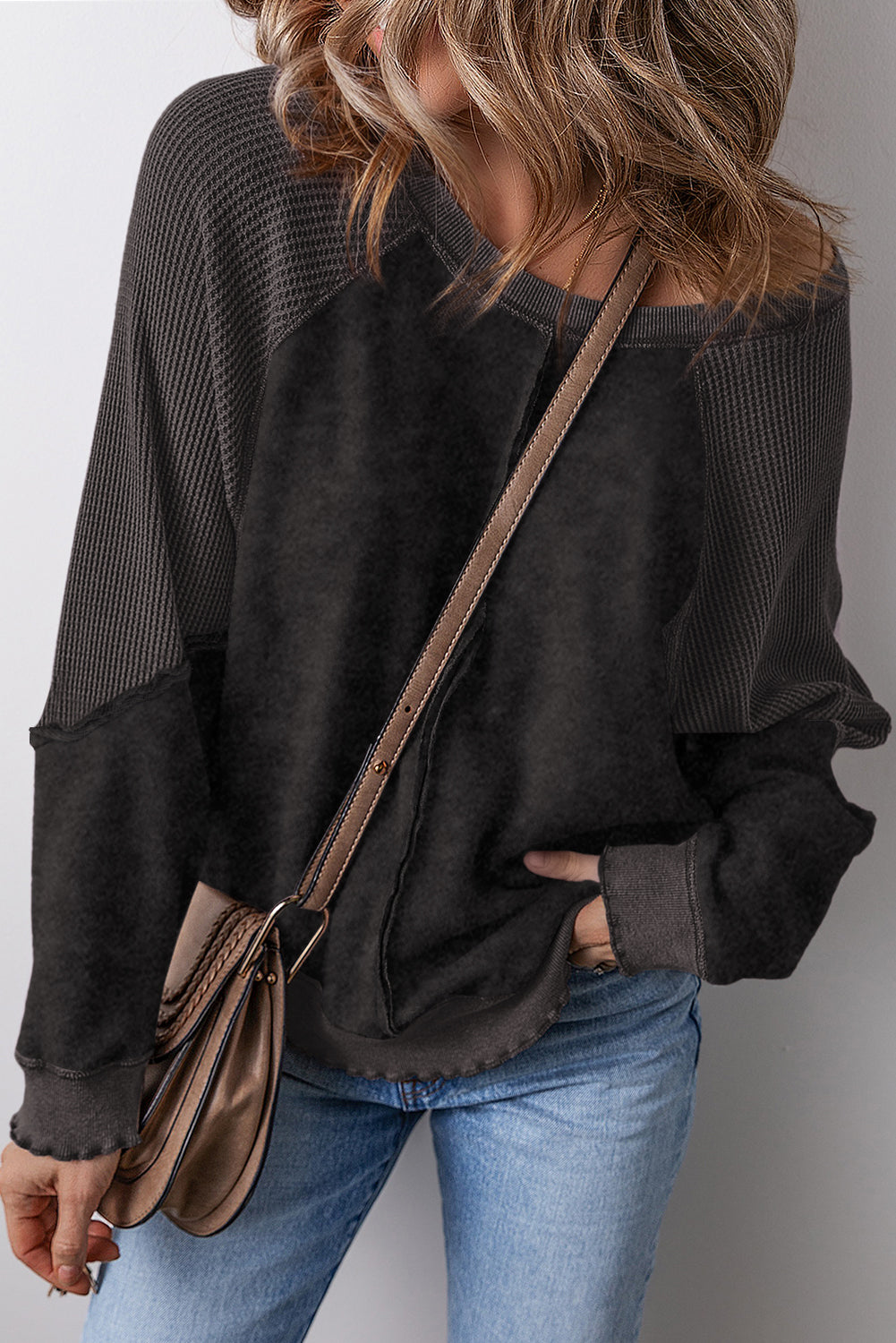 Pink Waffle Patchwork Raglan Sleeve Exposed Seam Sweatshirt