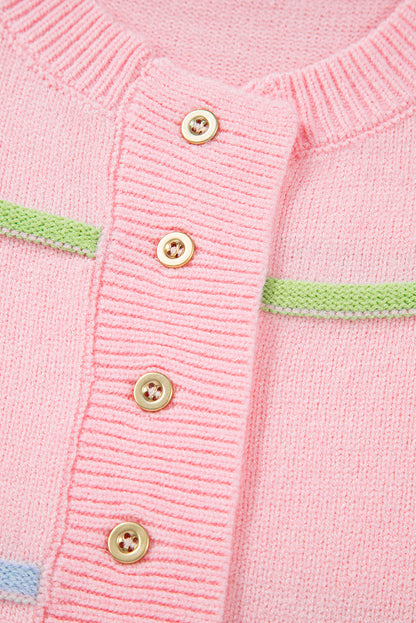 Pink Rainbow Striped Drop Sleeve Henley Sweater