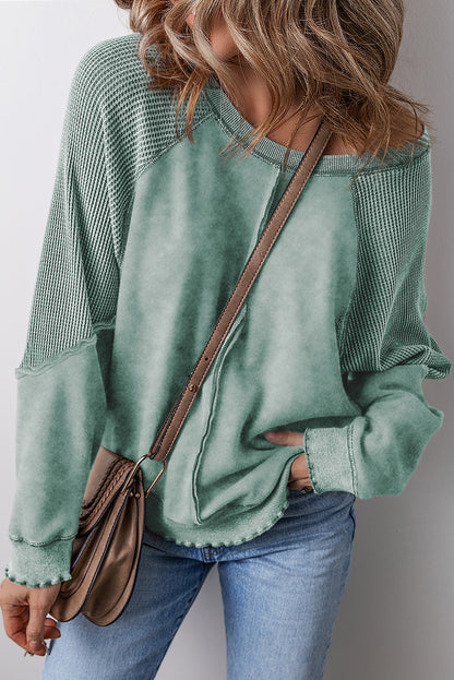 Pink Waffle Patchwork Raglan Sleeve Exposed Seam Sweatshirt