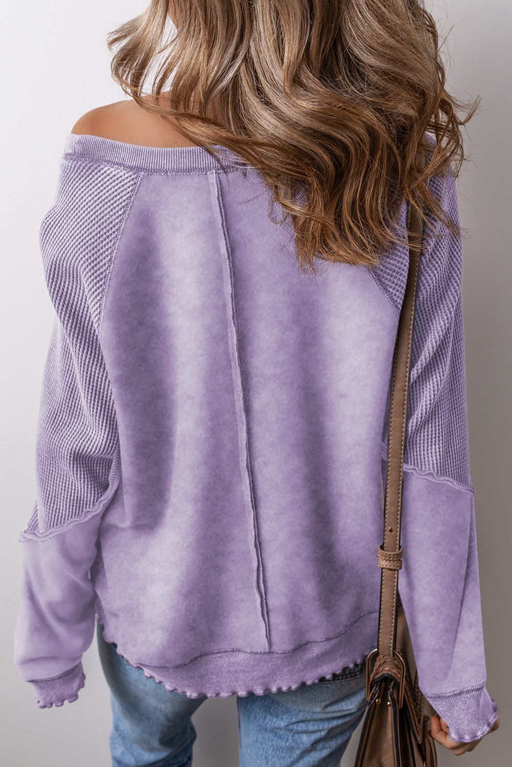 Pink Waffle Patchwork Raglan Sleeve Exposed Seam Sweatshirt
