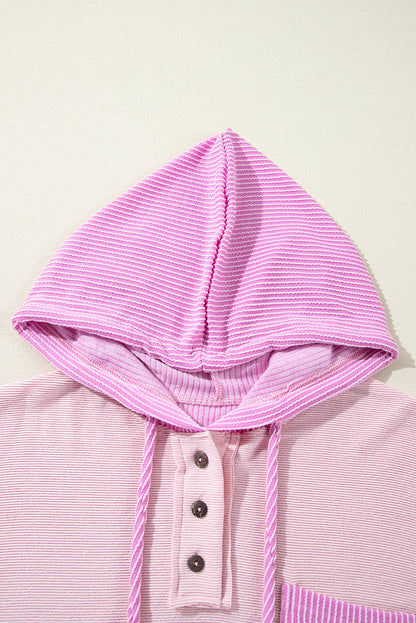 Light Pink Corded Patch Pocket Drawstring Henley Long Sleeve Tops
