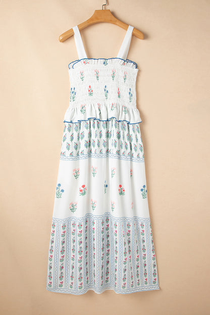 White Floral Print Frill Smocked Bodice Boho Dress