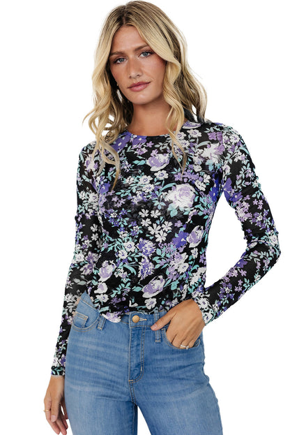 Green Floral Print Mesh Long Sleeve Top