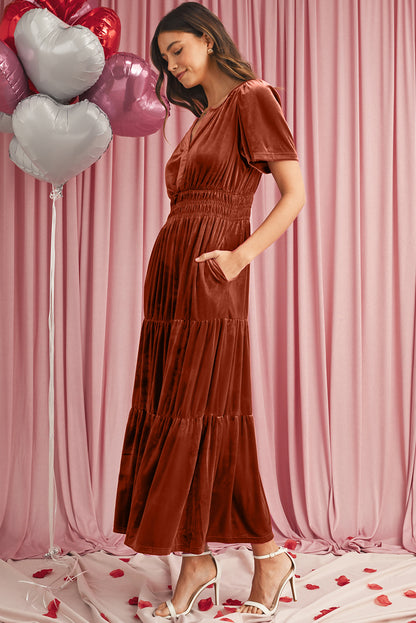 Red Dahlia Velvet Short Sleeve Shirred Waist Tiered Maxi Dress