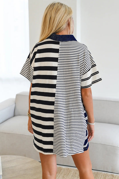 Black Striped Patchwork Collared Mini Dress