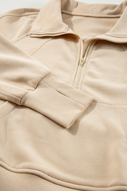 Gray Zip Up Stand Collar Ribbed Thumbhole Sleeve Sweatshirt