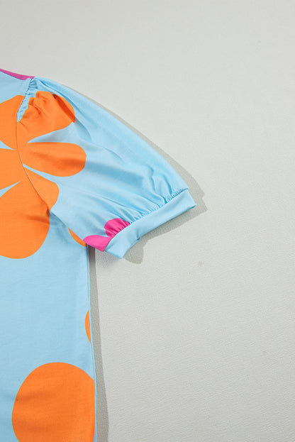 Sky Blue Colorful Flower Print Bubble Sleeve Tee