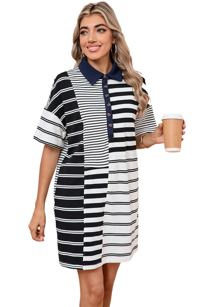 Black Striped Patchwork Collared Mini Dress