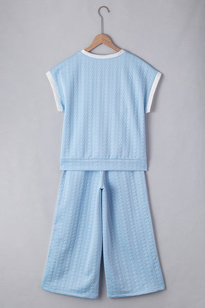 Beau Blue Textured Colorblock Edge Sleeveless Top High Waist Pants Set