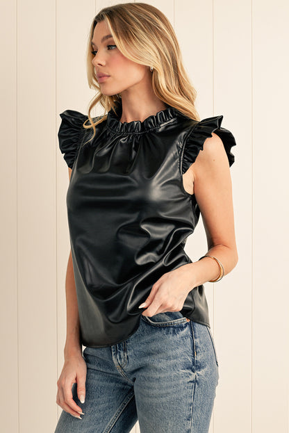 Black Solid Color Leather Frill Neck Ruffle Blouse