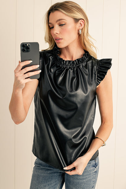 Black Solid Color Leather Frill Neck Ruffle Blouse