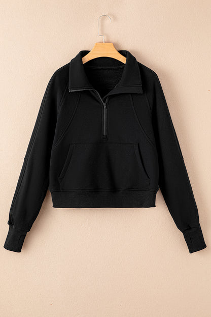 Gray Zip Up Stand Collar Ribbed Thumbhole Sleeve Sweatshirt