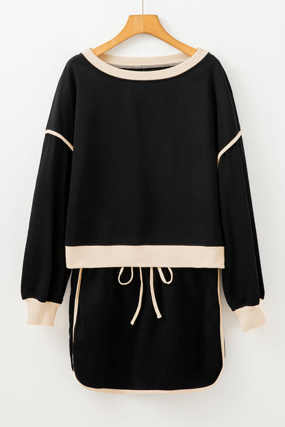 Black Contrast Trim Loose Pullover and Lace-up Waist Skort Set
