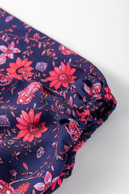 Purple Floral Puff Half Sleeve Split Neck Blouse