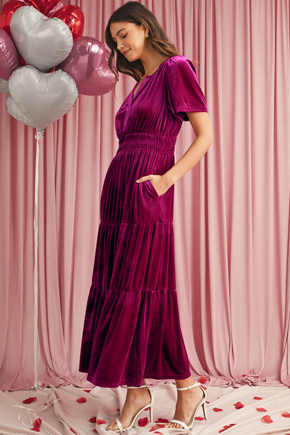 Red Dahlia Velvet Short Sleeve Shirred Waist Tiered Maxi Dress