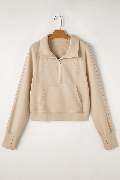 Gray Zip Up Stand Collar Ribbed Thumbhole Sleeve Sweatshirt
