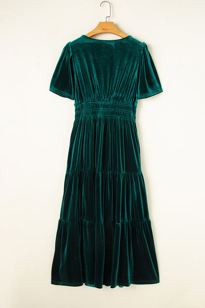 Red Dahlia Velvet Short Sleeve Shirred Waist Tiered Maxi Dress