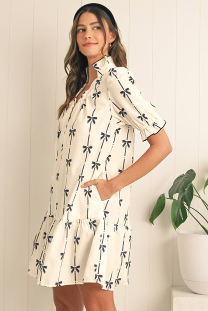 Beige Cute Bowknot Printed Bubble Sleeve V Neck Mini Dress