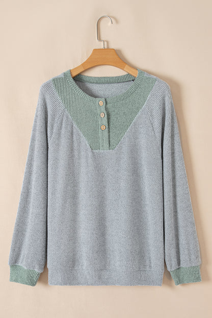 Jet Stream Contrast Ribbed Loose Fit Henley Top