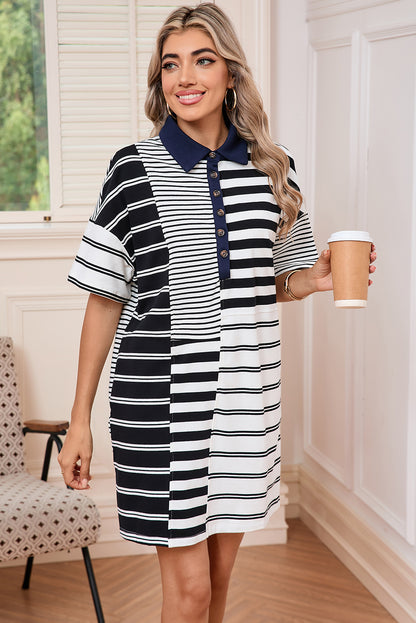 Black Striped Patchwork Collared Mini Dress