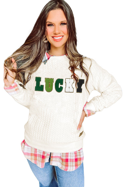White XOXO Chenille Letter Patch Quilted Sweatshirt