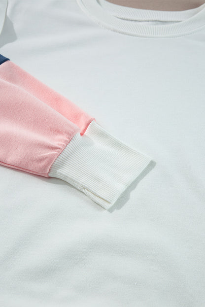 White Color Block Sleeve Ribbed Trim Long Sleeve Top