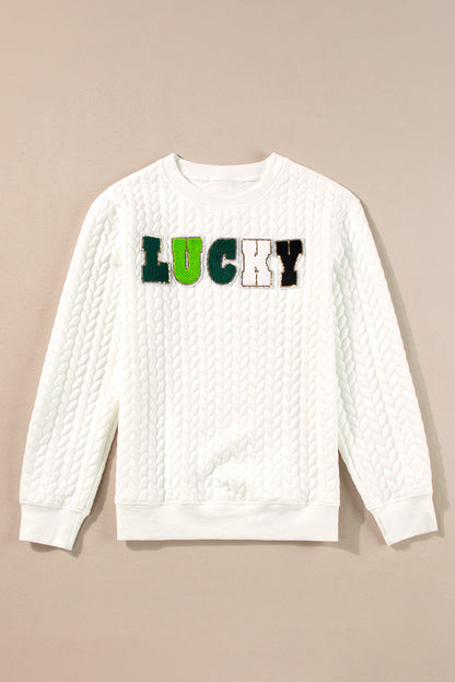 White XOXO Chenille Letter Patch Quilted Sweatshirt