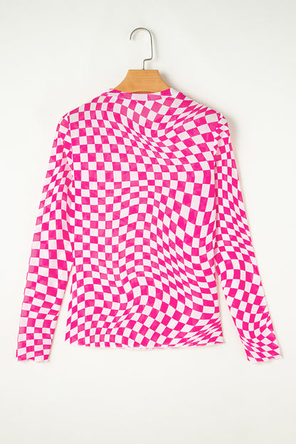 Black Checkered Pattern Mesh Long Sleeve Top