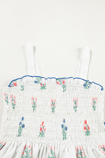 White Floral Print Frill Smocked Bodice Boho Dress