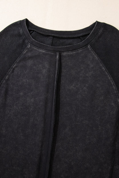 Pink Waffle Patchwork Raglan Sleeve Exposed Seam Sweatshirt