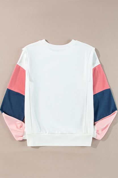 White Color Block Sleeve Ribbed Trim Long Sleeve Top
