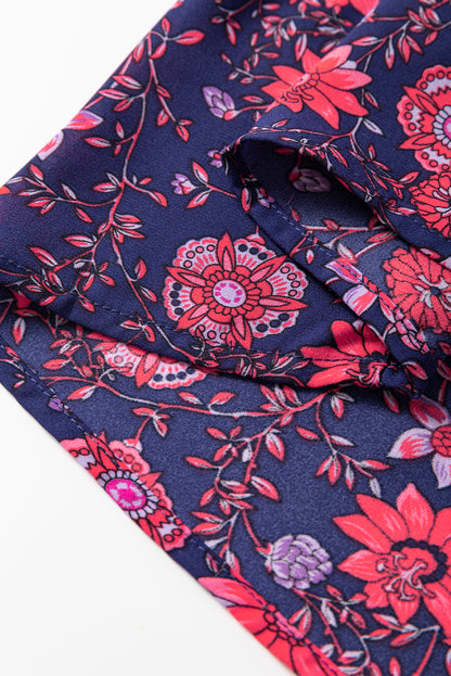 Purple Floral Puff Half Sleeve Split Neck Blouse